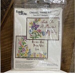 Vintage 1974 Family Circle Crewel Twins Kit Two 5"x7" Designs Poetry & Flowers